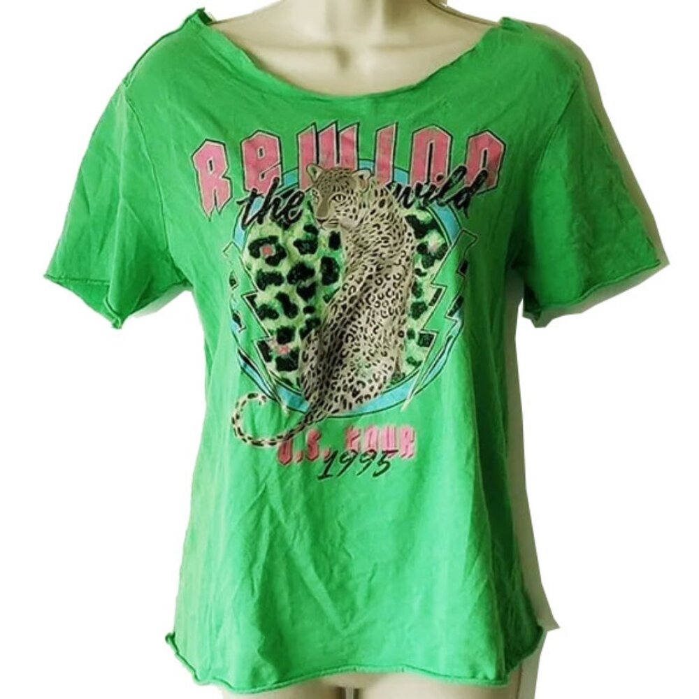 Only Lucy Leopard Box Top T-Shirt M Raw Edges Vibrant Green Pink 50OFF3